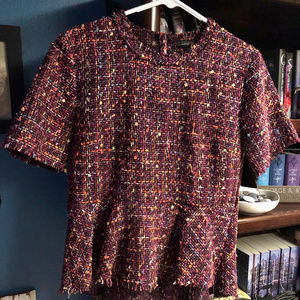 Boucle Short Sleeve Top with High-Low Hemline